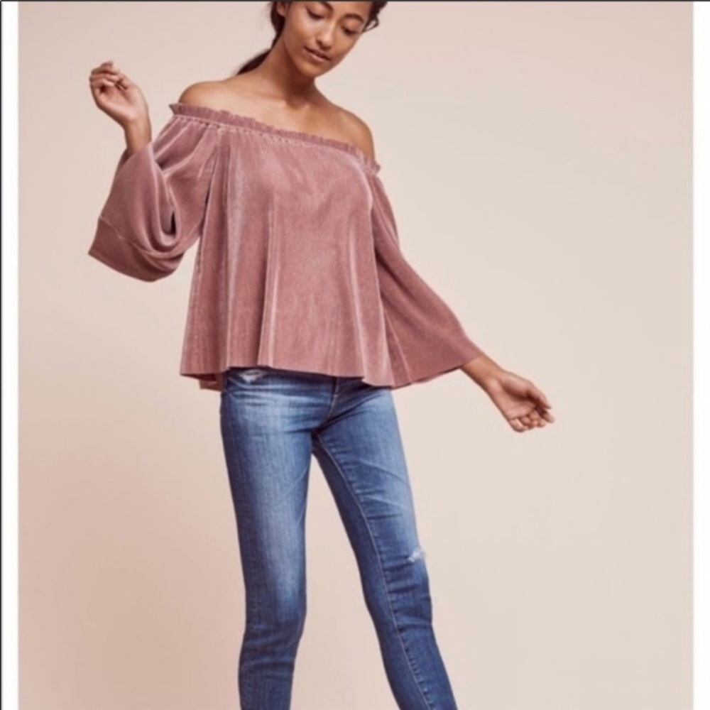 Anthropologie Deletta Metallic Pink Pleated Off The Shoulder Top Size XS